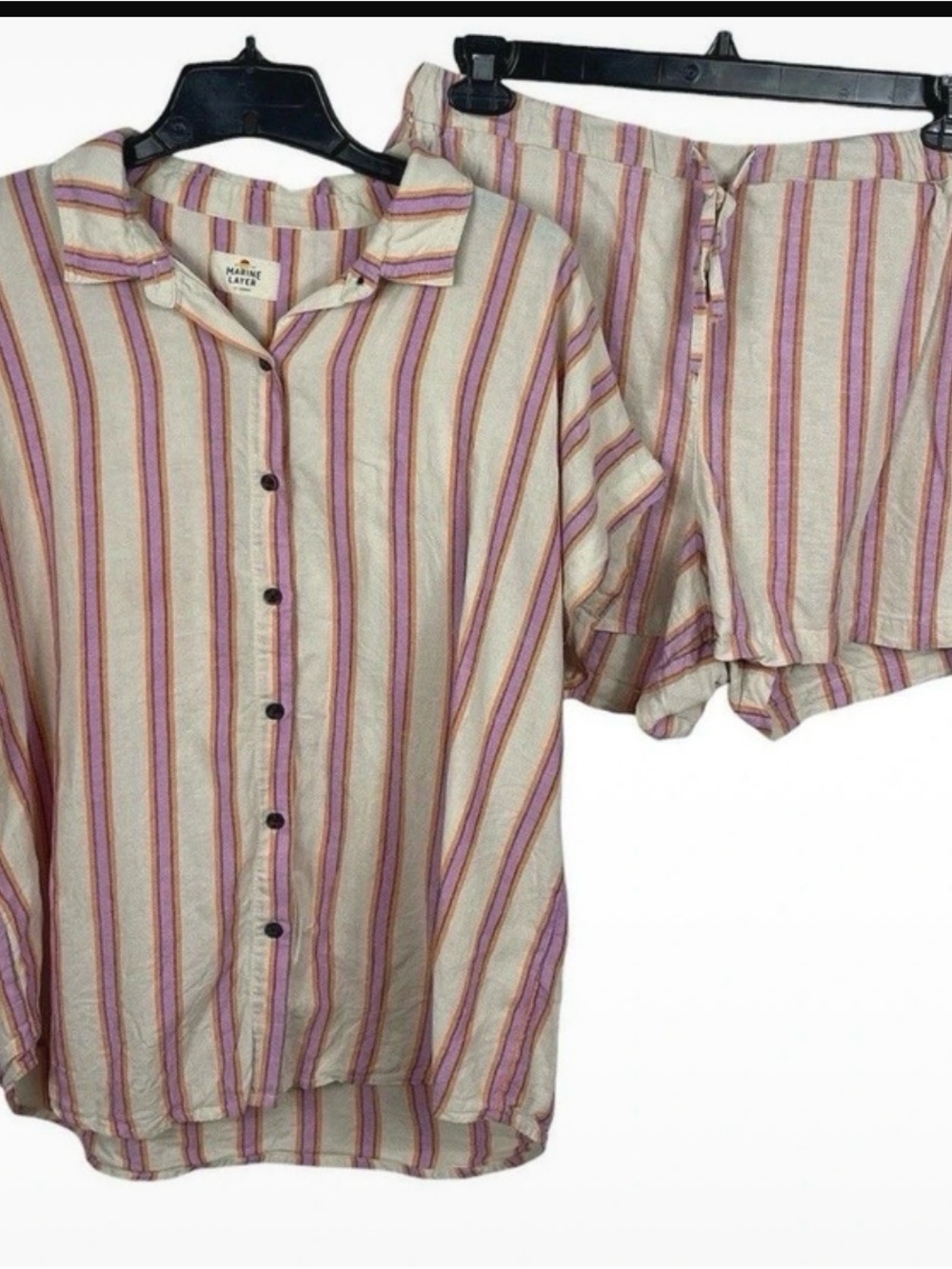 XL). Marine Layer Striped Short Pajama Set - Cream with Pink & Purple Stripes